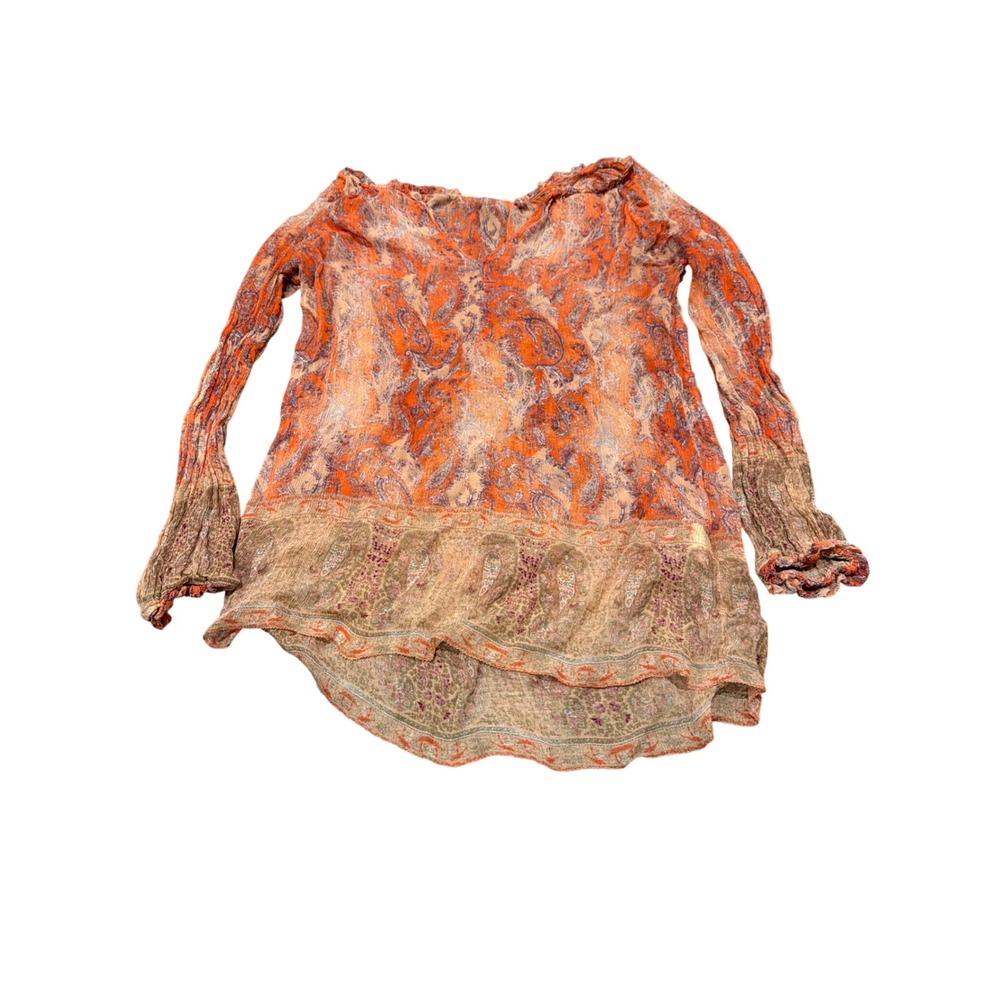 Lucky Brand Orange Purple Paisley Crinkle Gauze Boho Peasant Blouse Medium